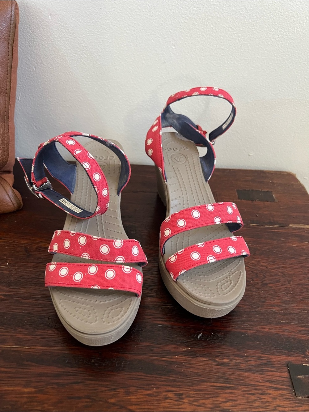 CROCS Red Polka Dot Strappy Wedge Sandals
